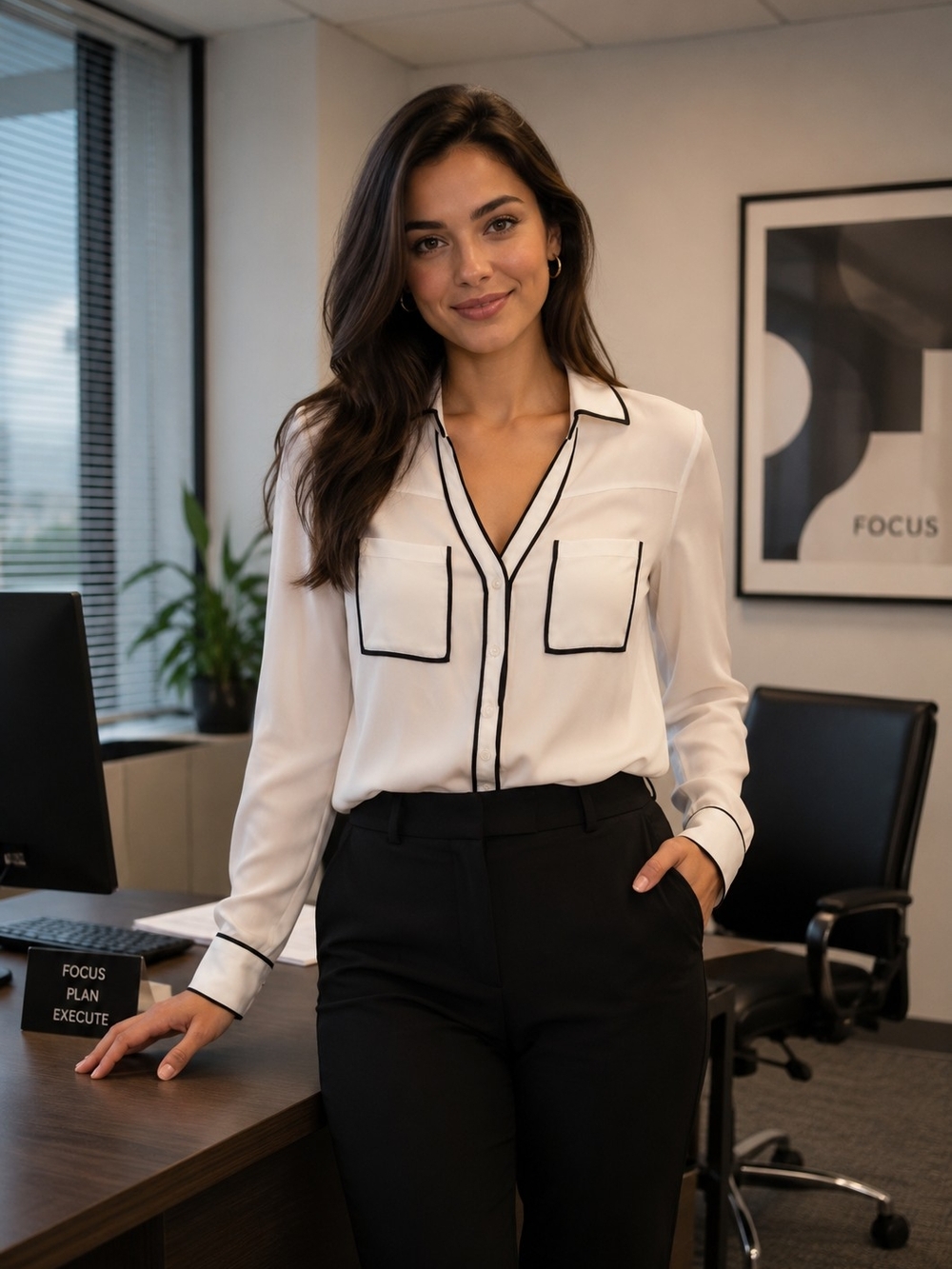 Express White Button-Down Blouse with Black Piping